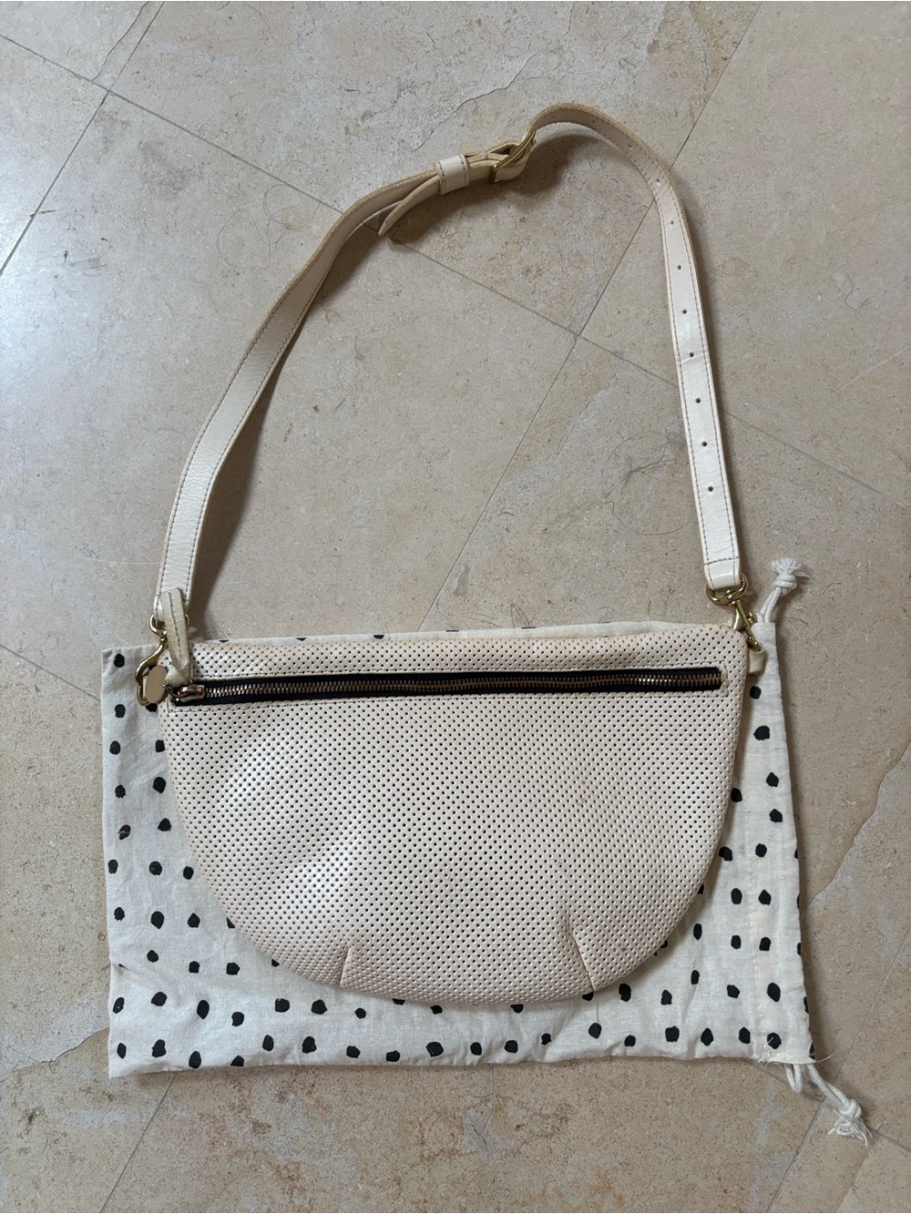 Clare V Grande Fanny pack crossbody in white perforated leather